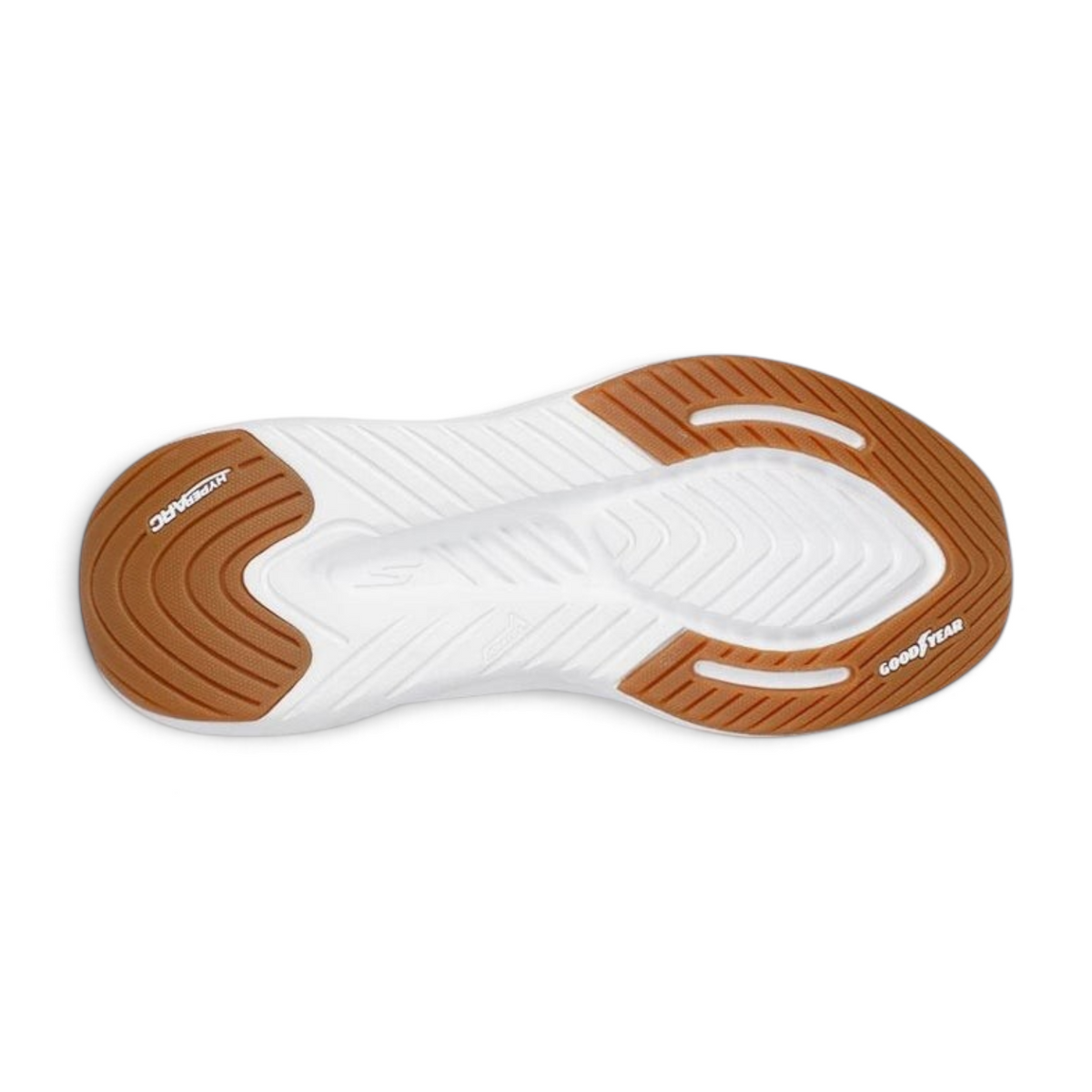 FRG Skechers GO Walk Max Walker shoe outsole featuring white cushioning and a durable brown Goodyear rubber tread