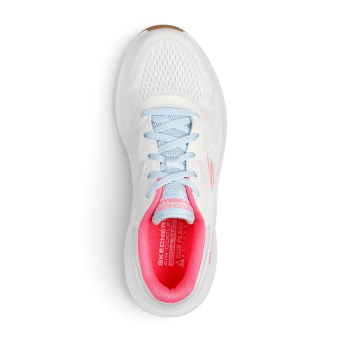 FRG Skechers GO Walk Max Walker in natural white with mint laces and bright pink interior lining, top view