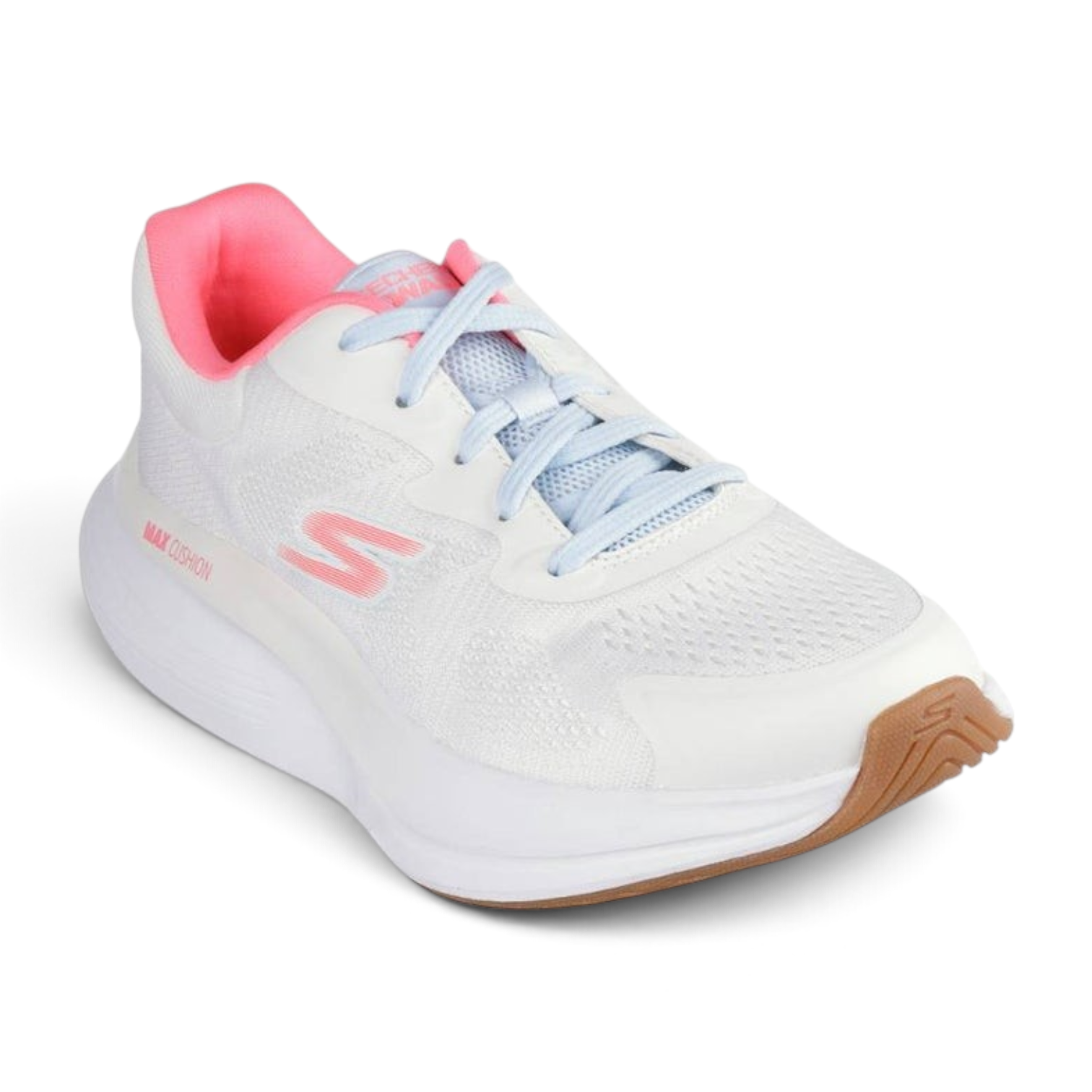 FRG Skechers GO Walk Max Walker Vea in white with mint laces and pink interior lining, featuring a cushioned sole.