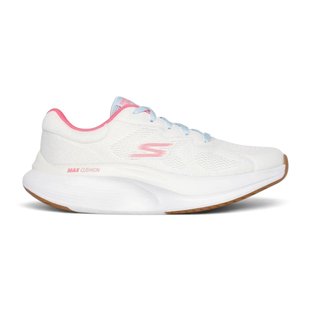 FRG Skechers GO Walk Max Walker Vea in white with mint and pink accents, featuring a breathable mesh lace-up design.