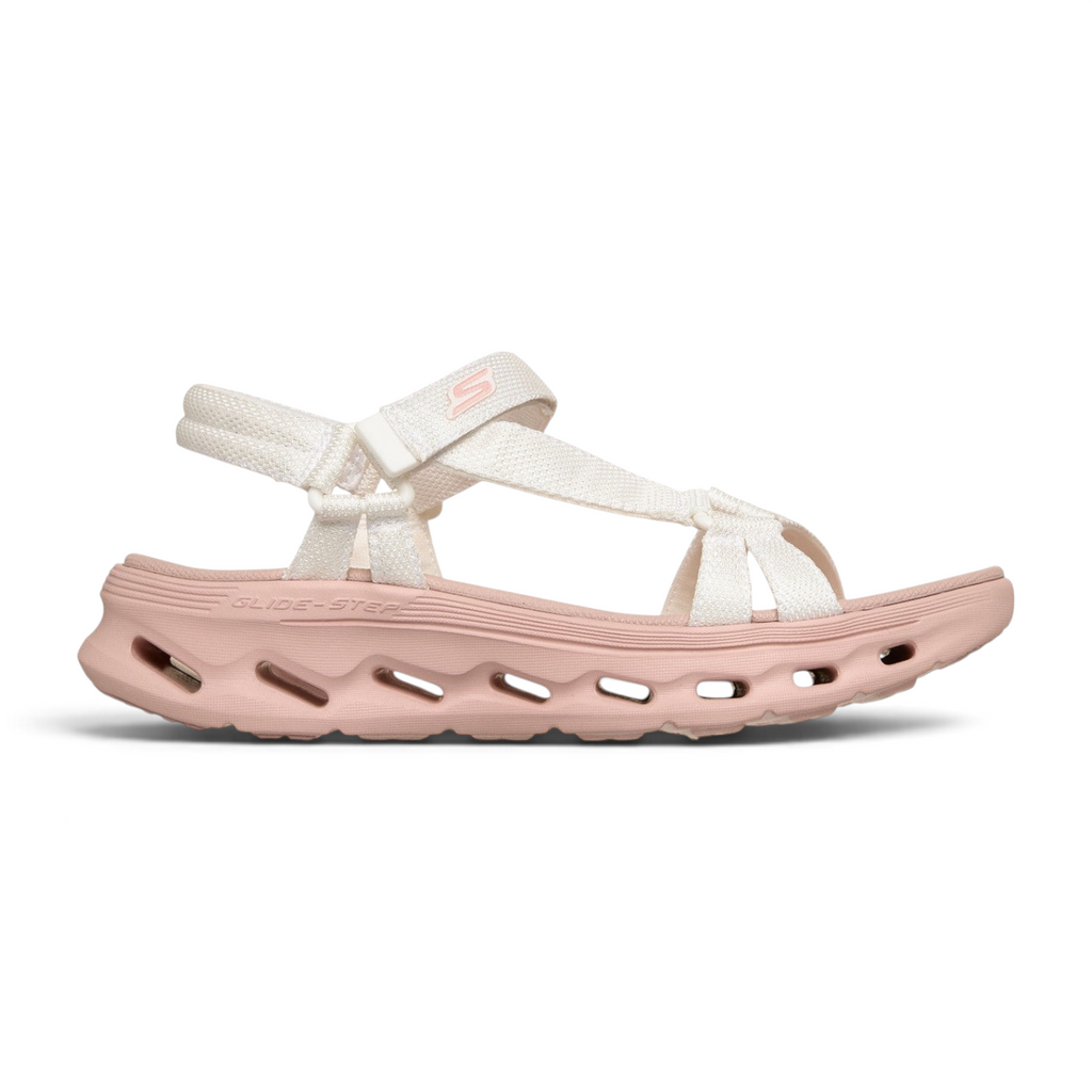 FRG Skechers GO Walk Glide-Step 2.0 vegan sandal in white and pink with adjustable straps and contoured cushioning.