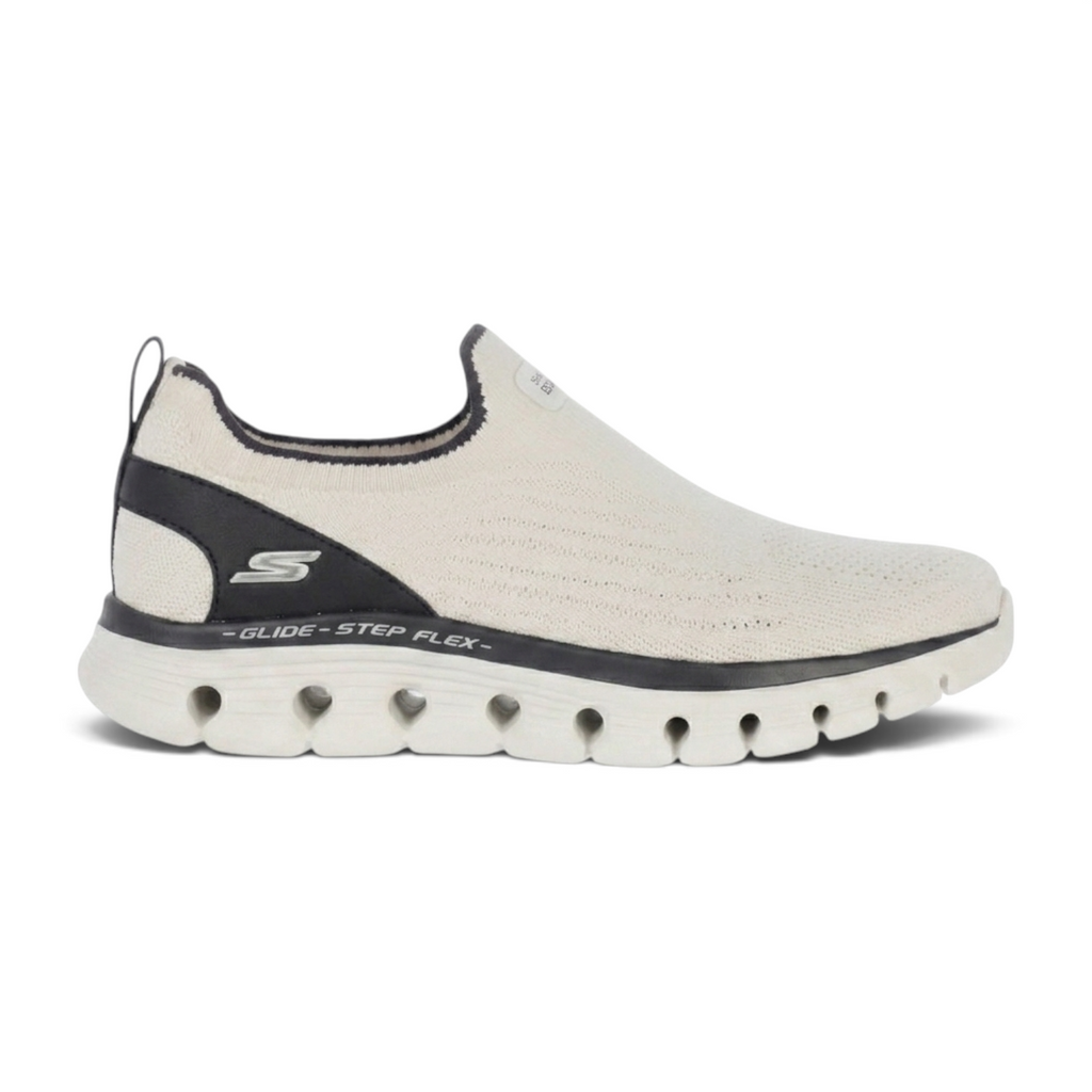 FRG Skechers Go Walk Glide-Step Flex slip-on walking shoe in white and black with textured upper and cushioned sole