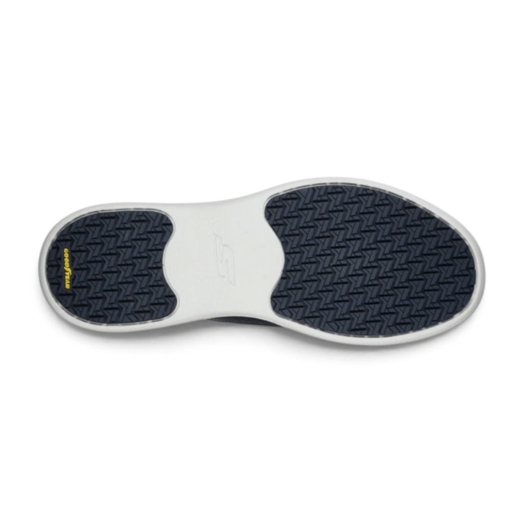 FRG Skechers Go Walk Stability navy walking sneaker showing the durable Goodyear rubber outsole tread pattern