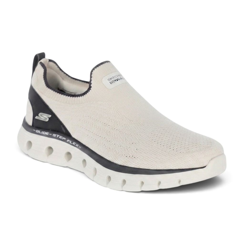 FRG Skechers Go Walk Glide-Step Flex slip-on walking shoe in white and black with textured upper and memory foam sole