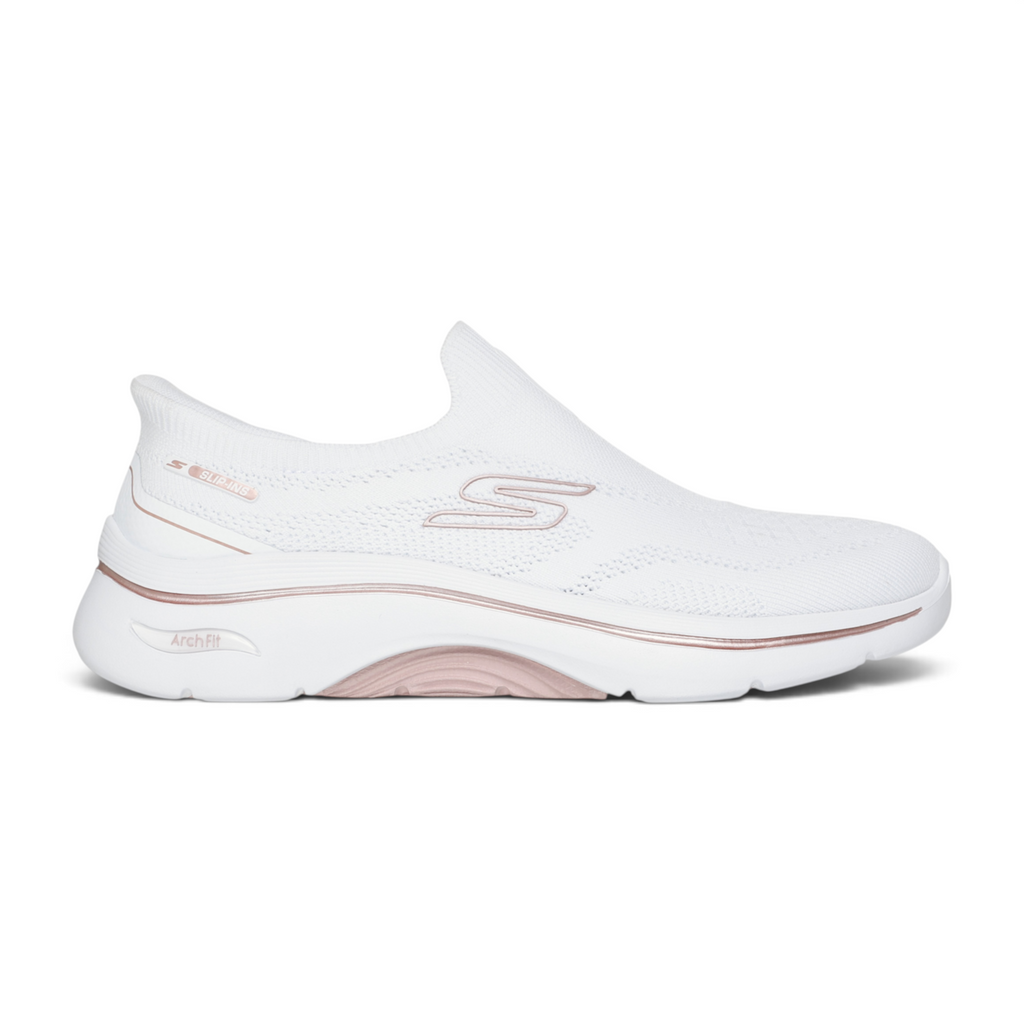 FRG Skechers GO WALK Arch Fit 2.0 Tatum white vegan slip-on sneaker with rose gold accents and knit upper
