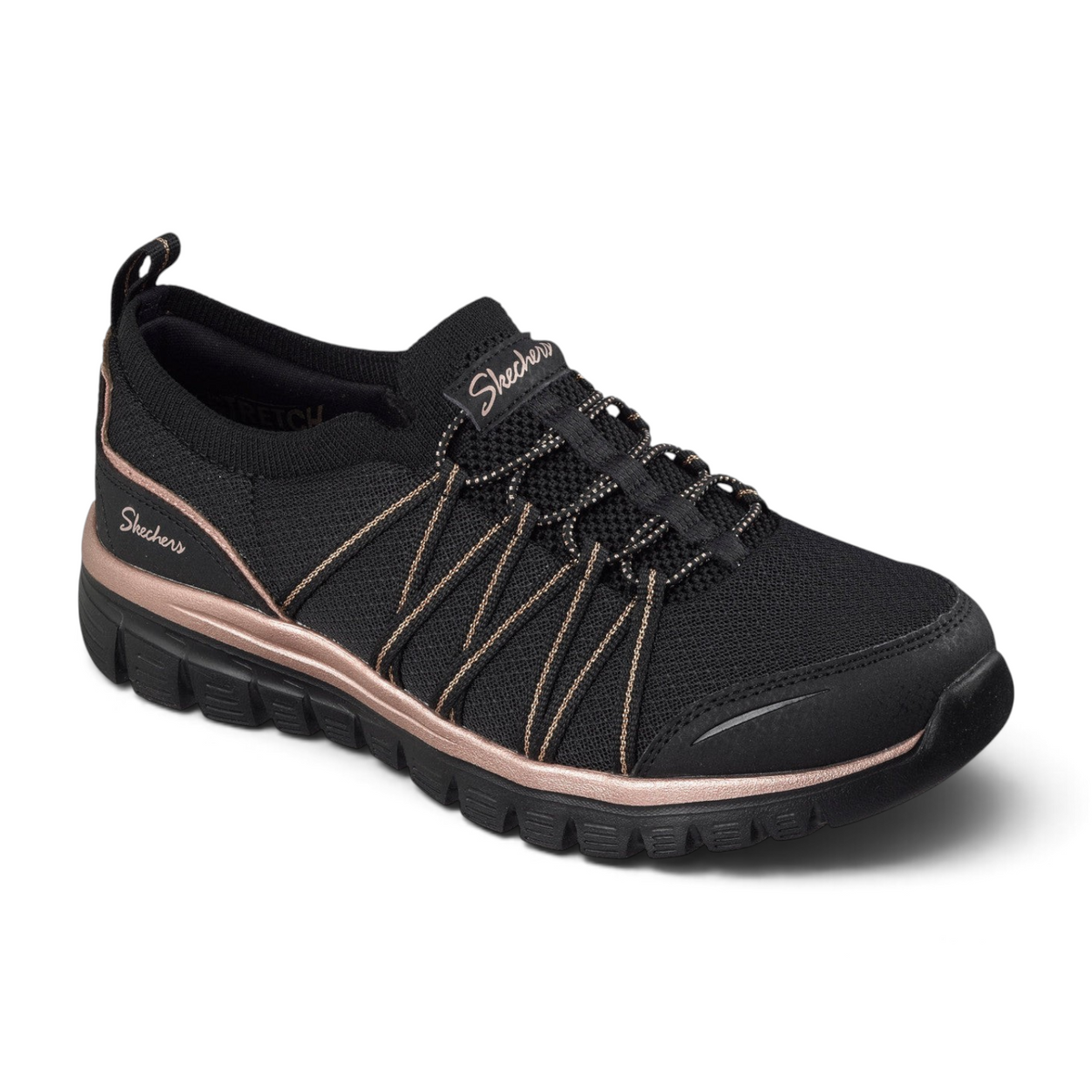 FRG Skechers Graceful Purecrush black vegan sneaker with rose gold accents, stretch laces, and memory foam sole.