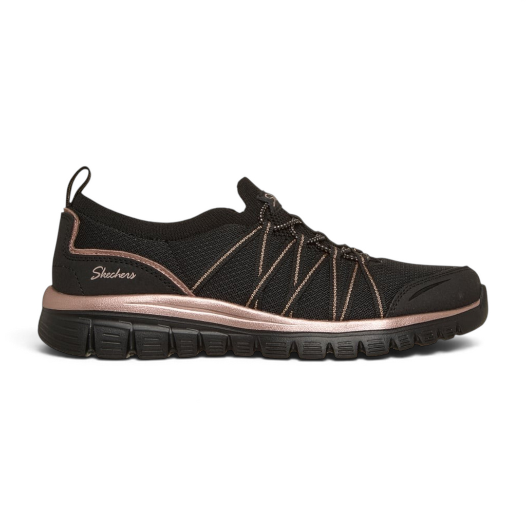 FRG Skechers Graceful Purecrush black vegan sneaker with rose gold accents, stretch laces, and memory foam sole.