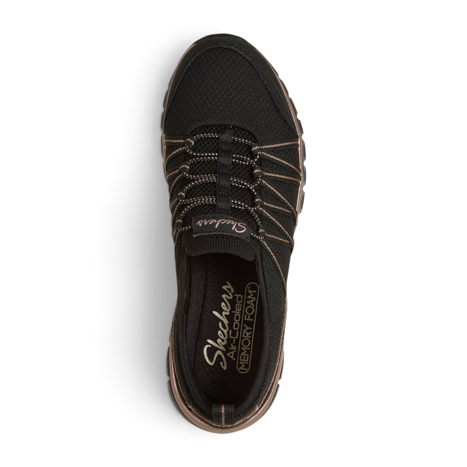 FRG Skechers Graceful Purecrush black vegan sneaker with rose gold accents, stretch laces, and memory foam insole.