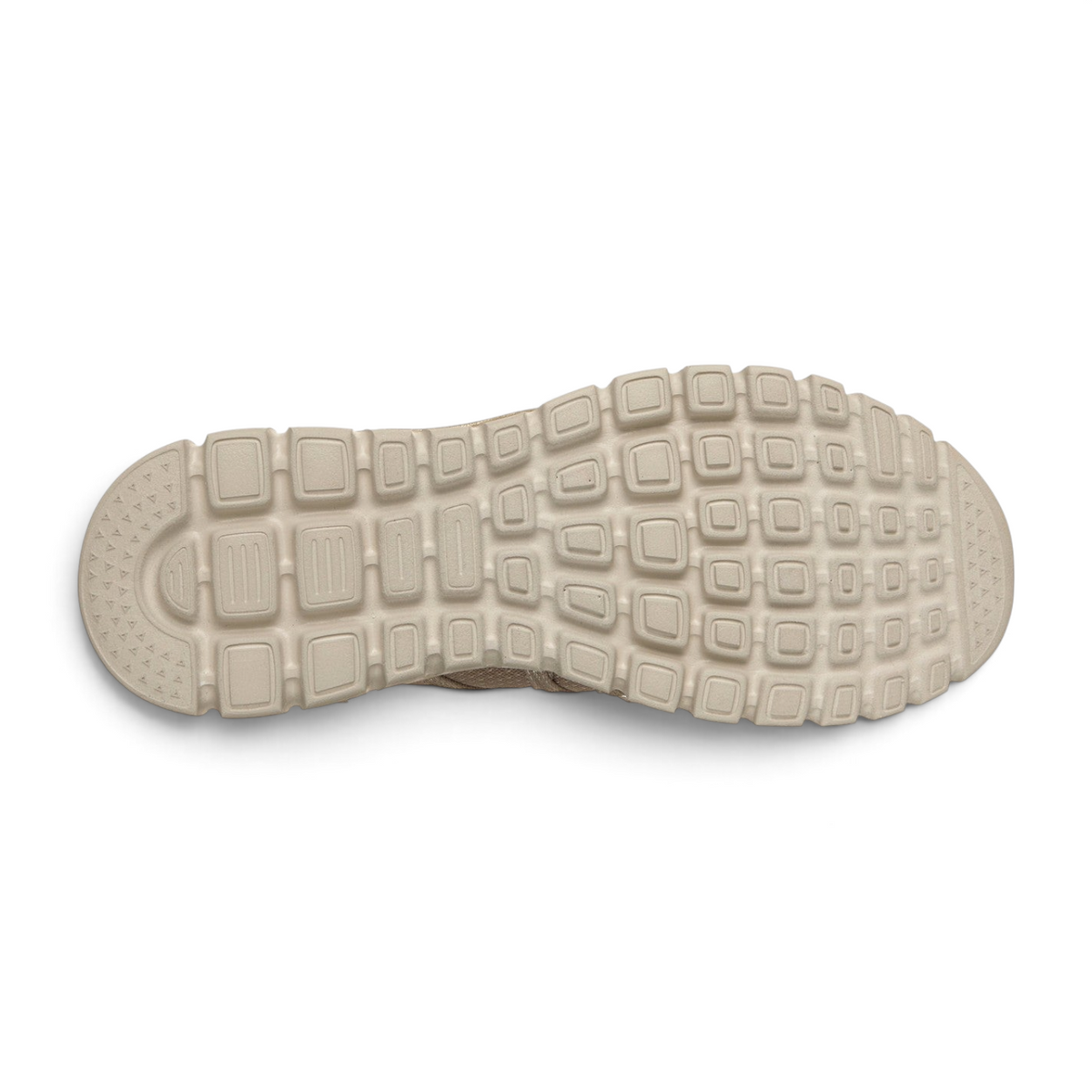 FRG Skechers Graceful Purecrush taupe sneaker showing the textured rubber outsole pattern from a bottom view