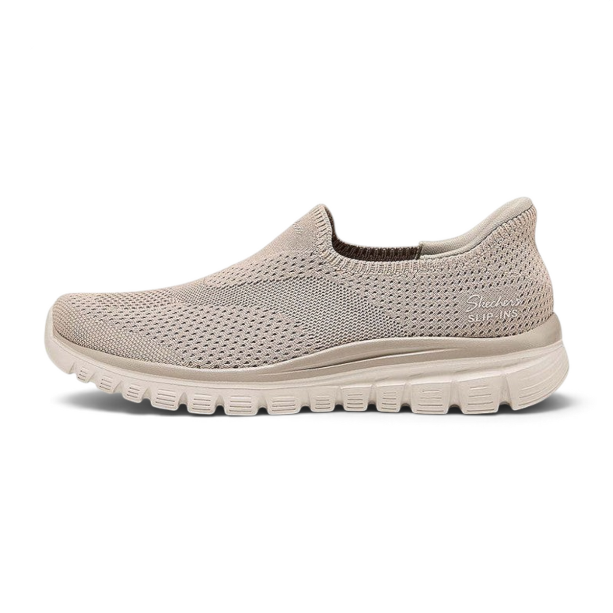 FRG Skechers Graceful Steady Rise taupe slip-on sneaker with engineered knit upper and cushioned memory foam sole
