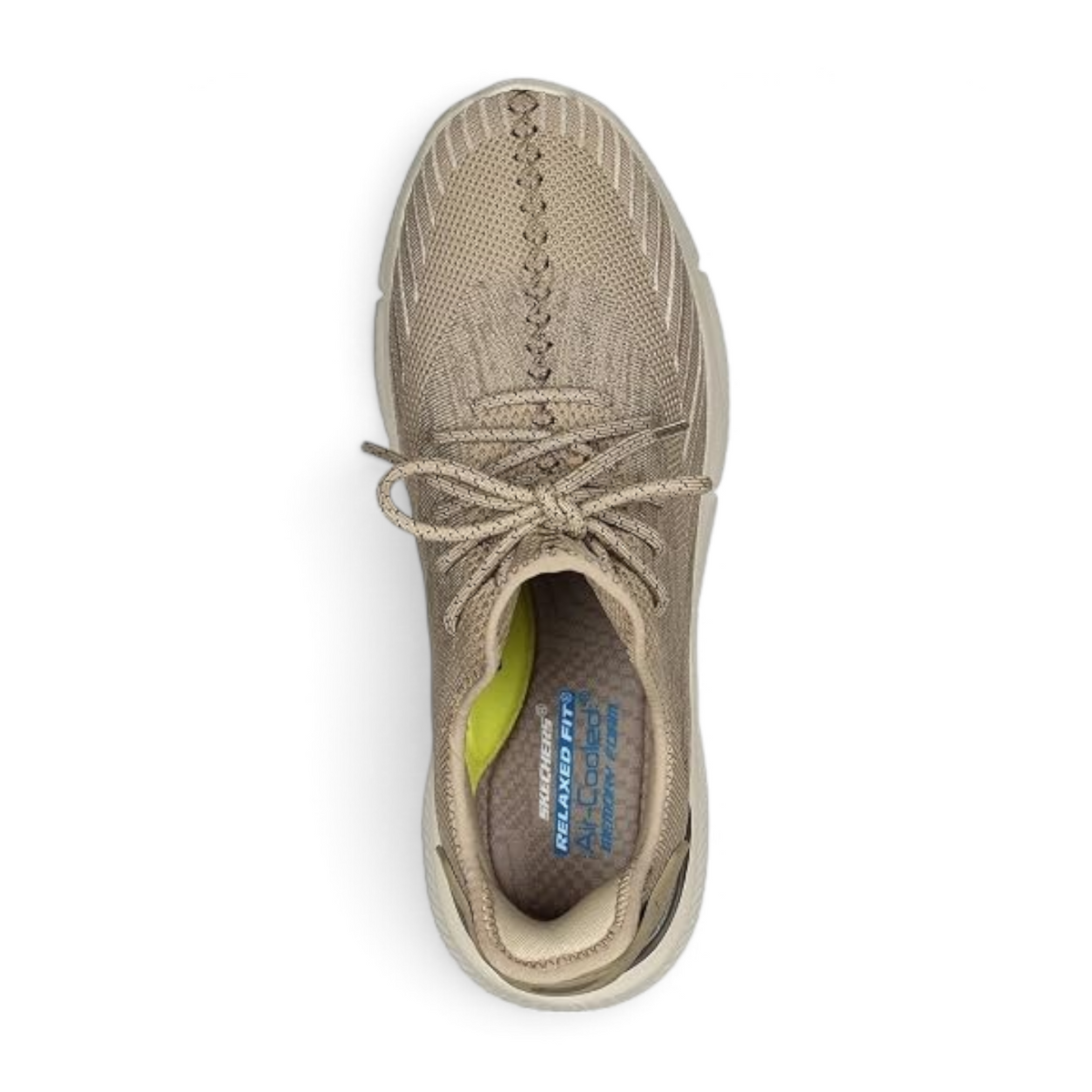 FRG Skechers Ingram tan lace-up sneaker with breathable mesh upper and cushioned memory foam insole, top view