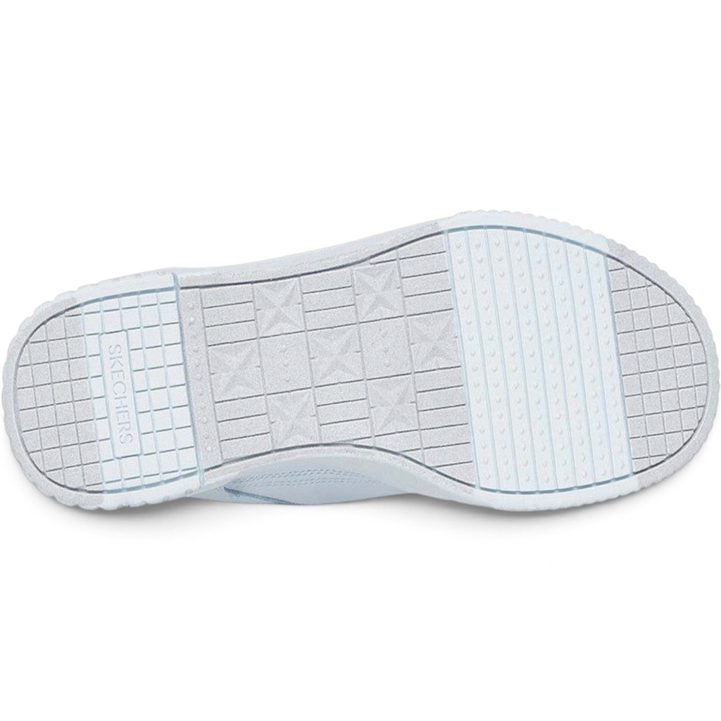 FRG Skechers Jade Soft Hues light blue court-style sneaker showing the textured rubber outsole pattern