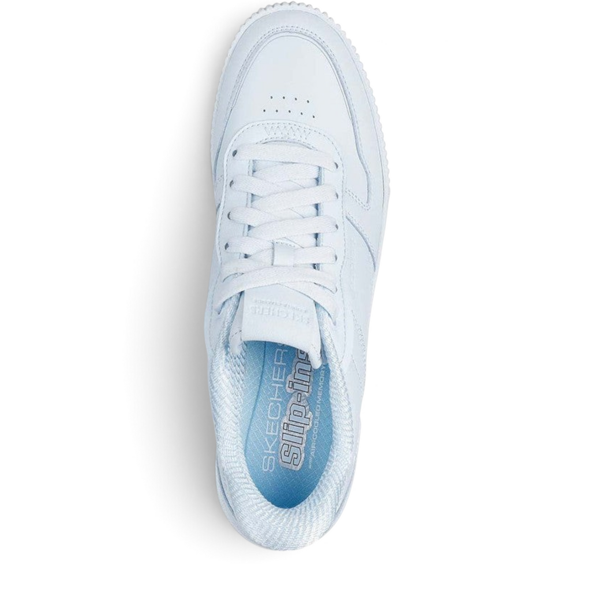 FRG Skechers Jade Soft Hues light blue court-style slip-in sneaker with duraleather upper and memory foam insole