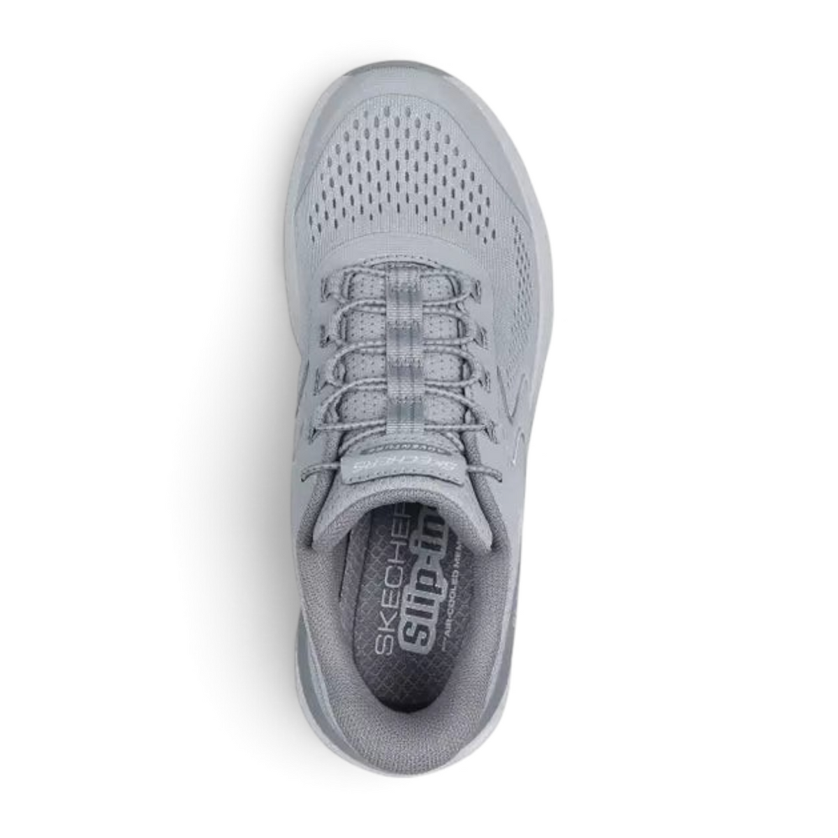 FRG Skechers light gray Glide-Step walking shoe with breathable mesh upper and cushioned midsole, top view
