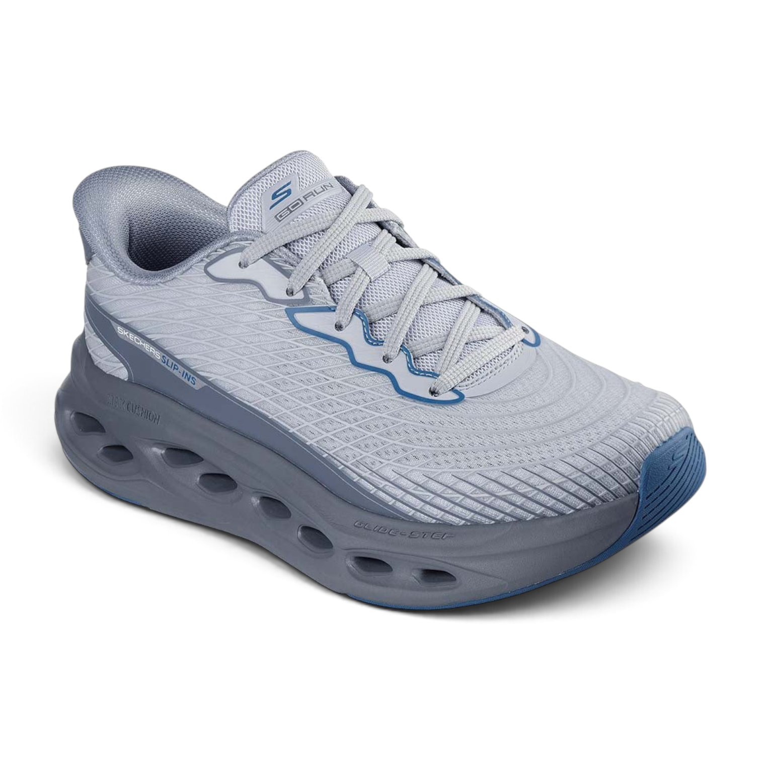FRG Skechers Max Cushioning Glide-Step light grey slip-in performance sneaker with 3D-print upper and cushioned sole