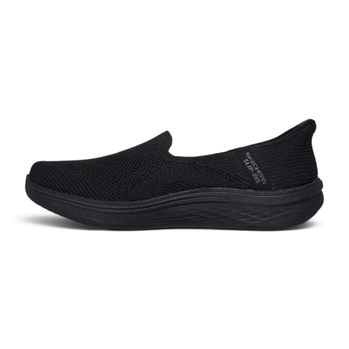 FRG Skechers Max Cushioning Lite Aura Tessa black vegan slip-on sneaker with engineered knit upper and side view.
