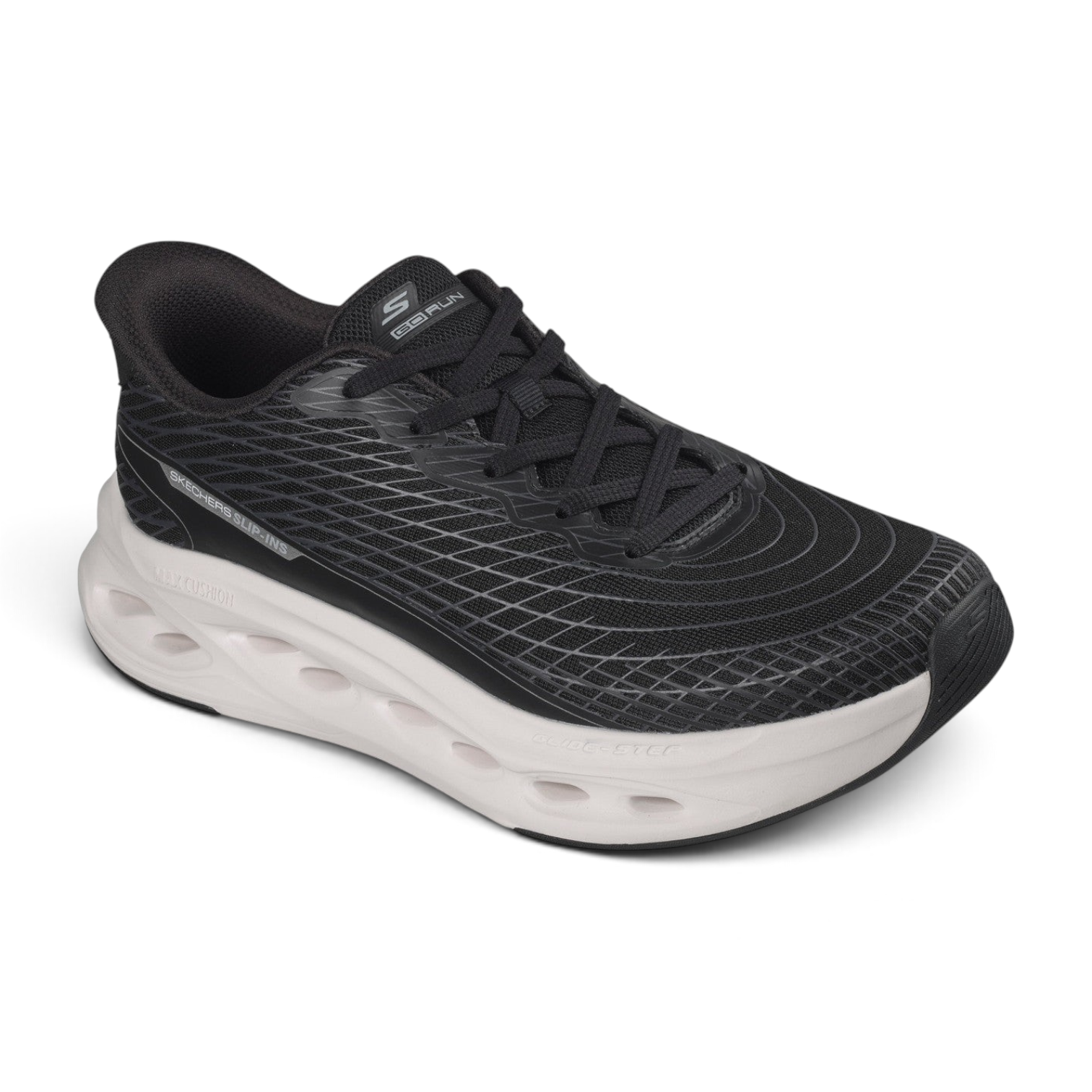 FRG Skechers Max Cushioning Glide-Step slip-in performance shoe in black with white sole and 3D-print monomesh upper
