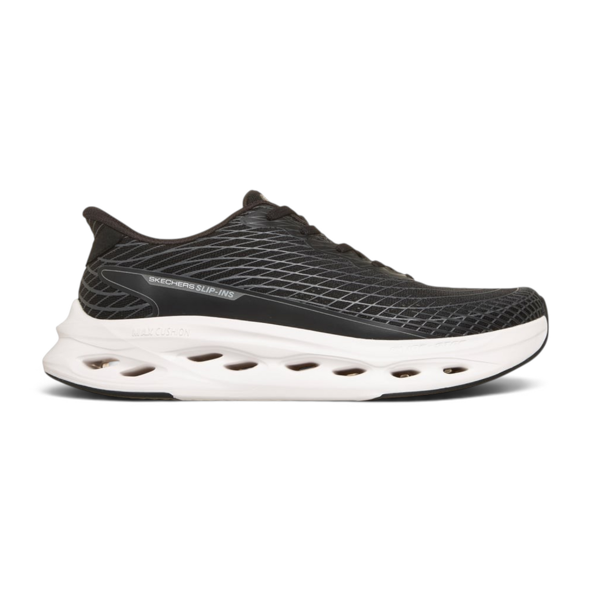FRG Skechers Max Cushioning Glide-Step slip-in performance shoe in black monomesh with a white energy-return sole.