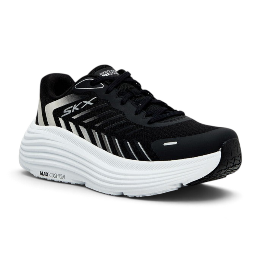FRG Skechers Max Cushioning Endeavour women's training shoe in black and white with a thick cushioned sole.