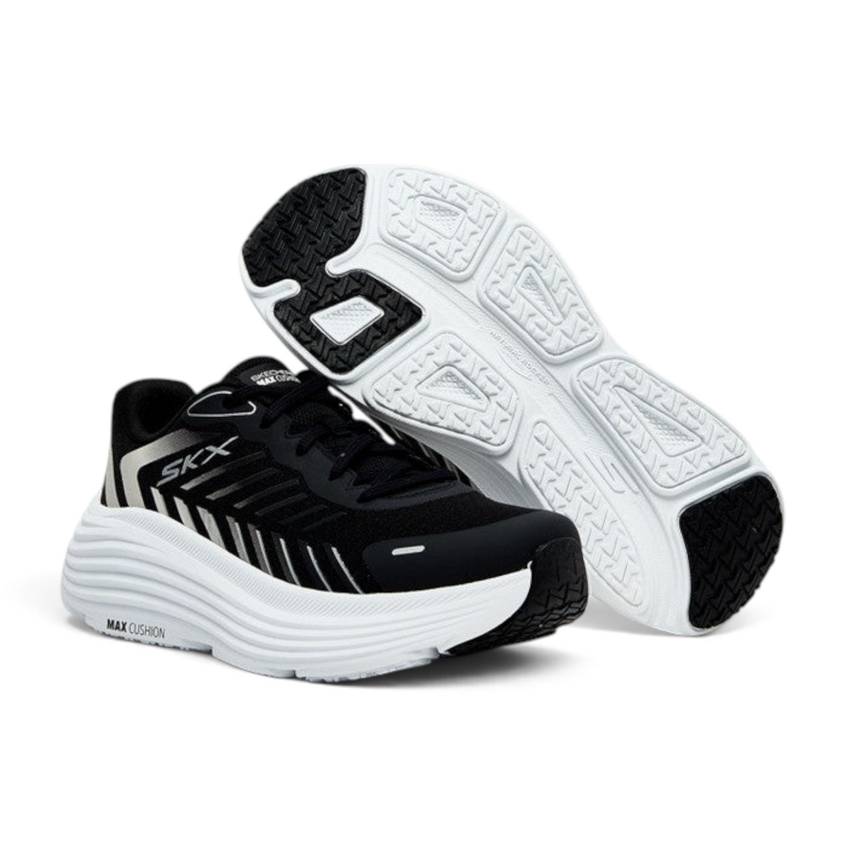 FRG Skechers Max Cushioning Endeavour women's training shoe in black and white with a thick cushioned sole.
