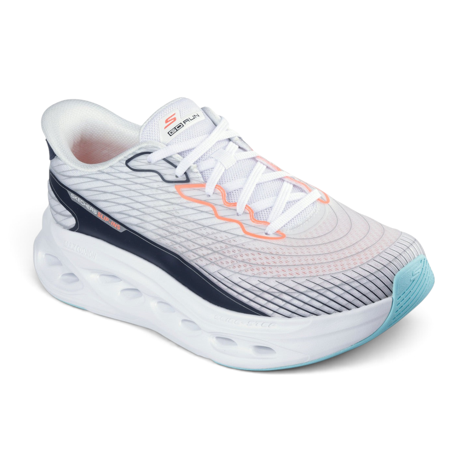 FRG Skechers Max Cushioning Glide-Step performance shoe in white with 3D-print upper and responsive cushioned sole