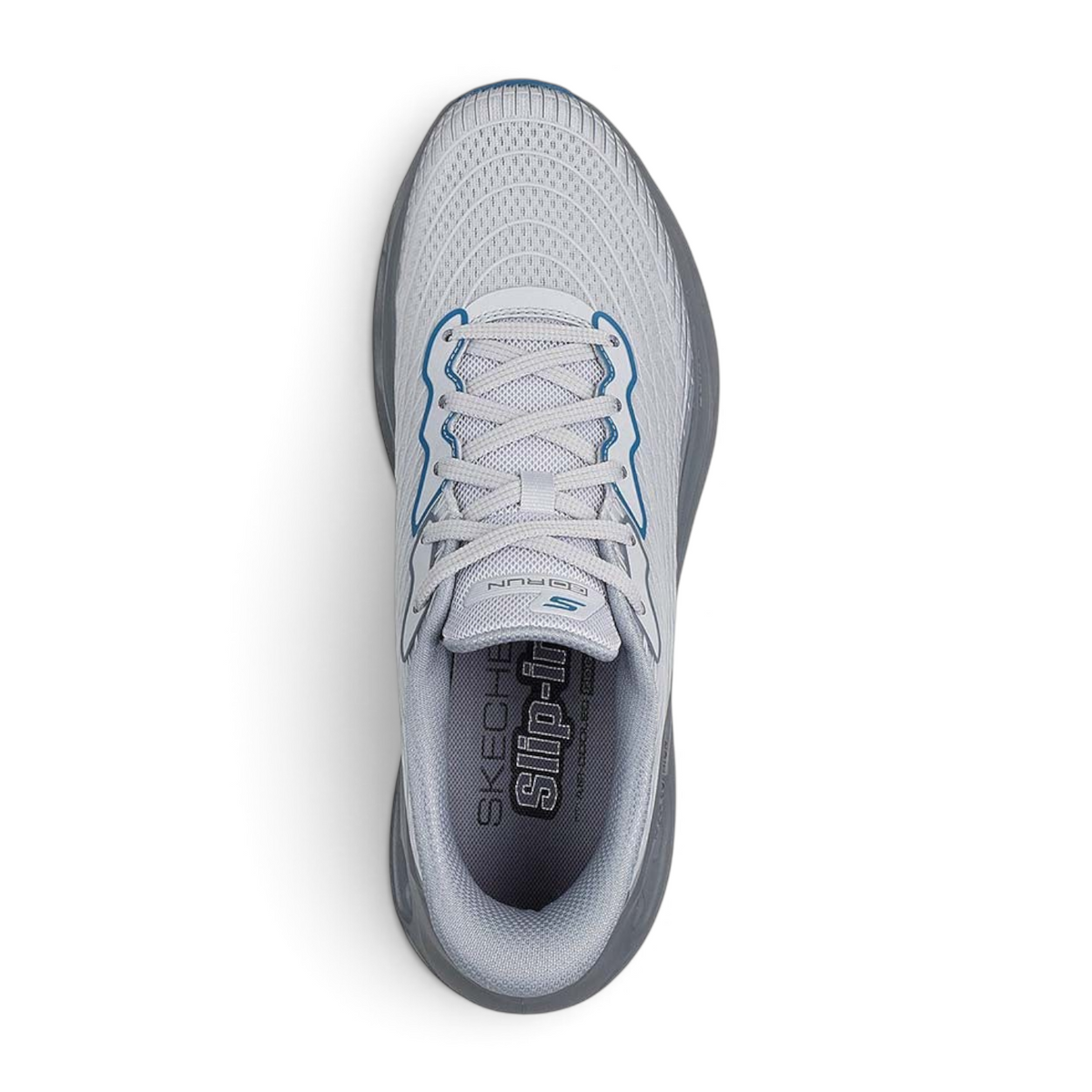 FRG Skechers Max Cushioning Glide-Step slip-in performance shoe in light grey with 3D-print upper, top-down view.