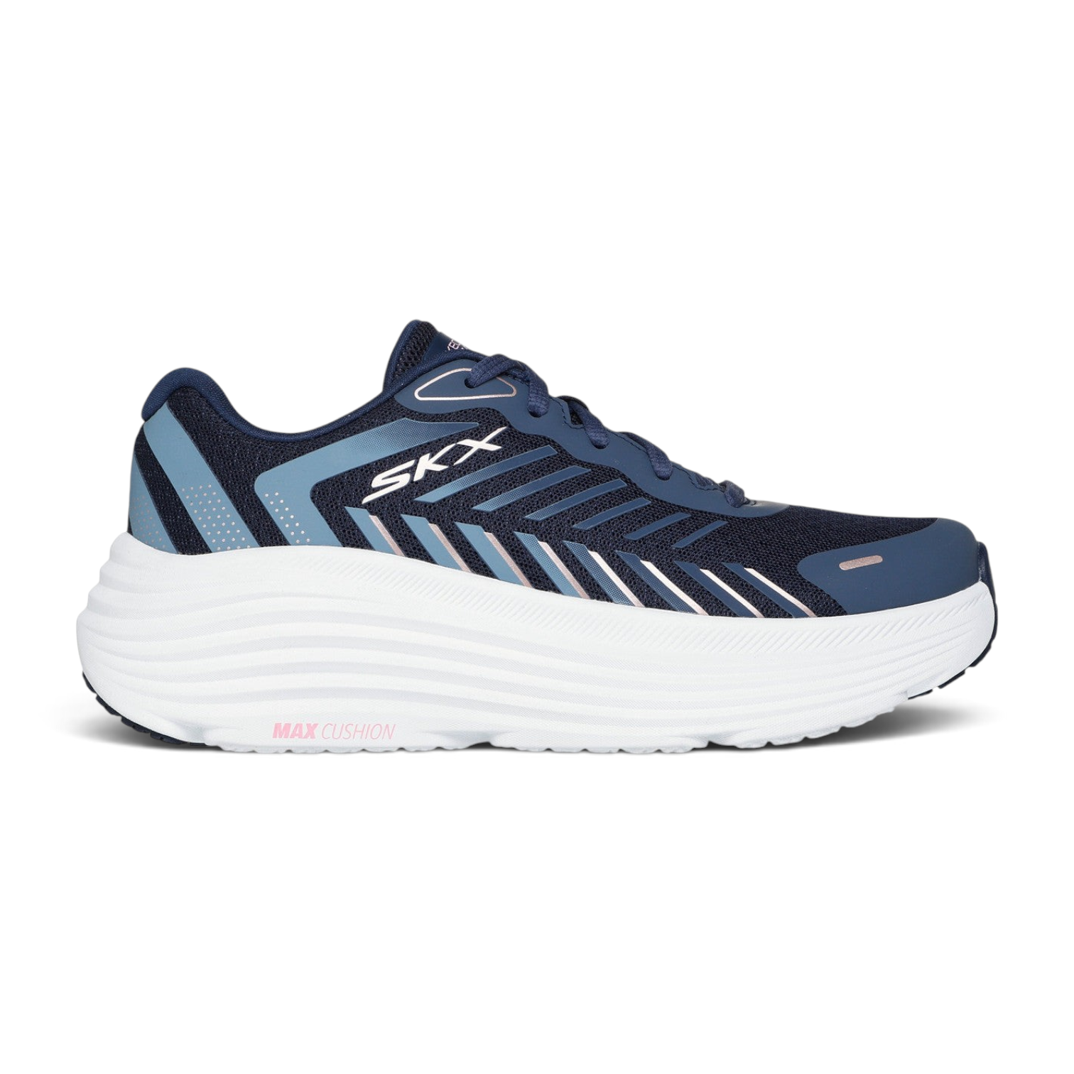 FRG Skechers Max Cushioning Endeavour navy and pink training shoe with a thick white cushioned sole