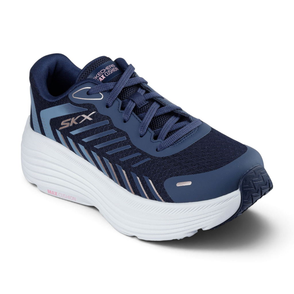 FRG Skechers Max Cushioning Endeavour navy and pink training shoe with a thick white cushioned sole