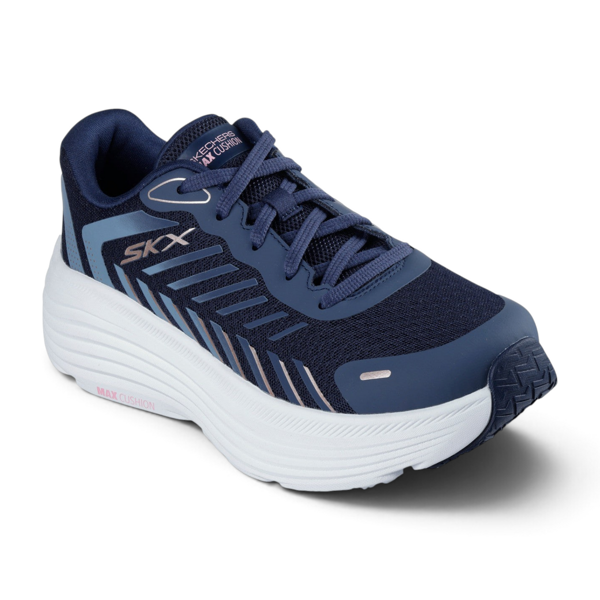 FRG Skechers Max Cushioning Endeavour navy and pink training shoe with a thick white cushioned sole