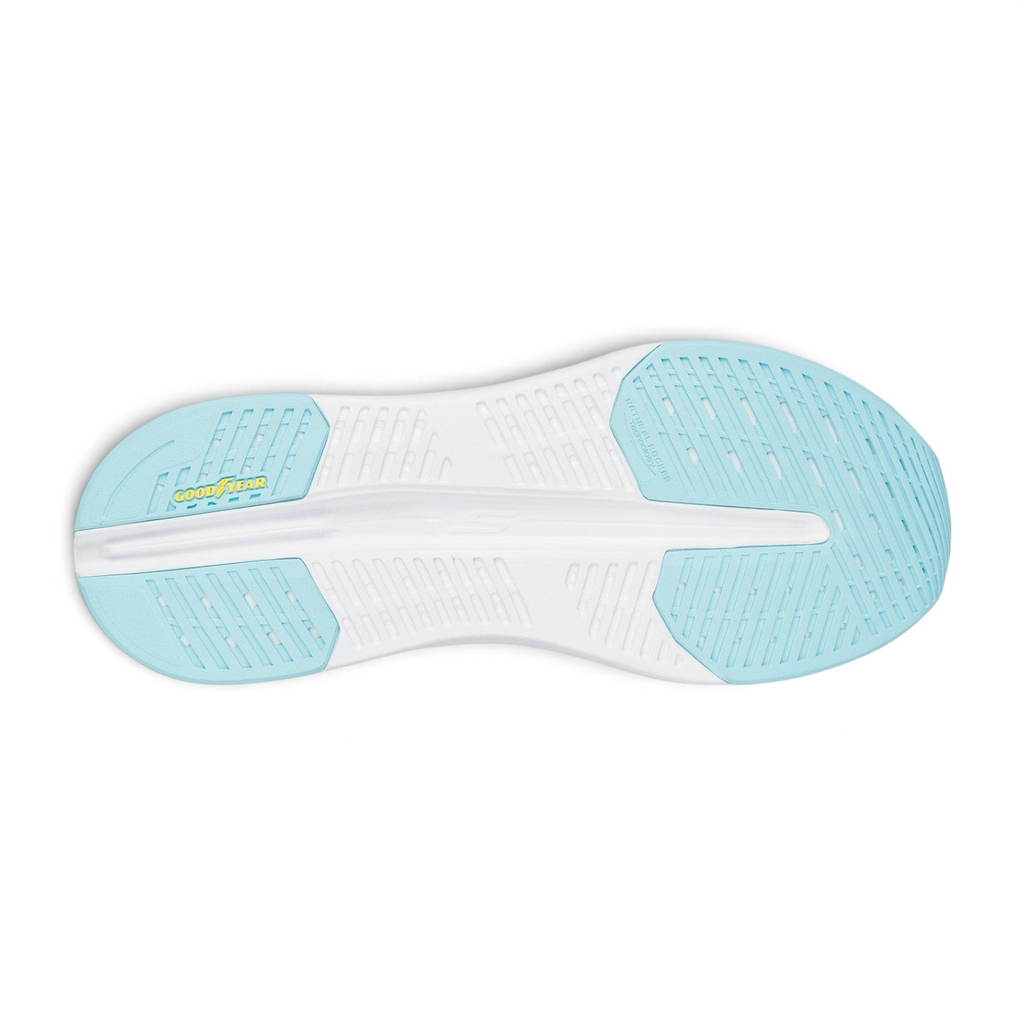 FRG Skechers Max Cushioning Glide-Step shoe outsole in white and sapphire blue with Goodyear performance rubber tread