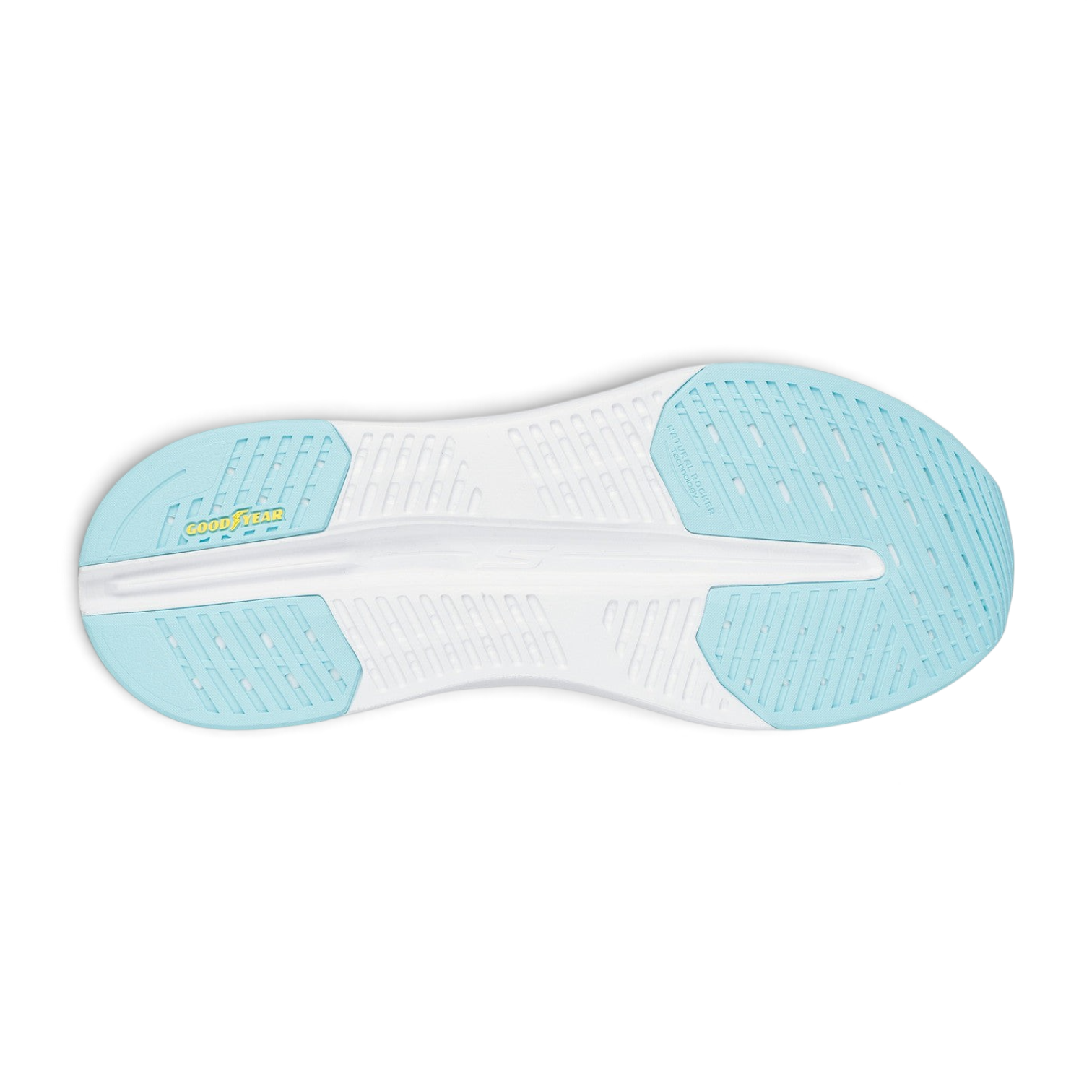 FRG Skechers Max Cushioning Glide-Step shoe outsole in white and sapphire blue with Goodyear performance rubber tread
