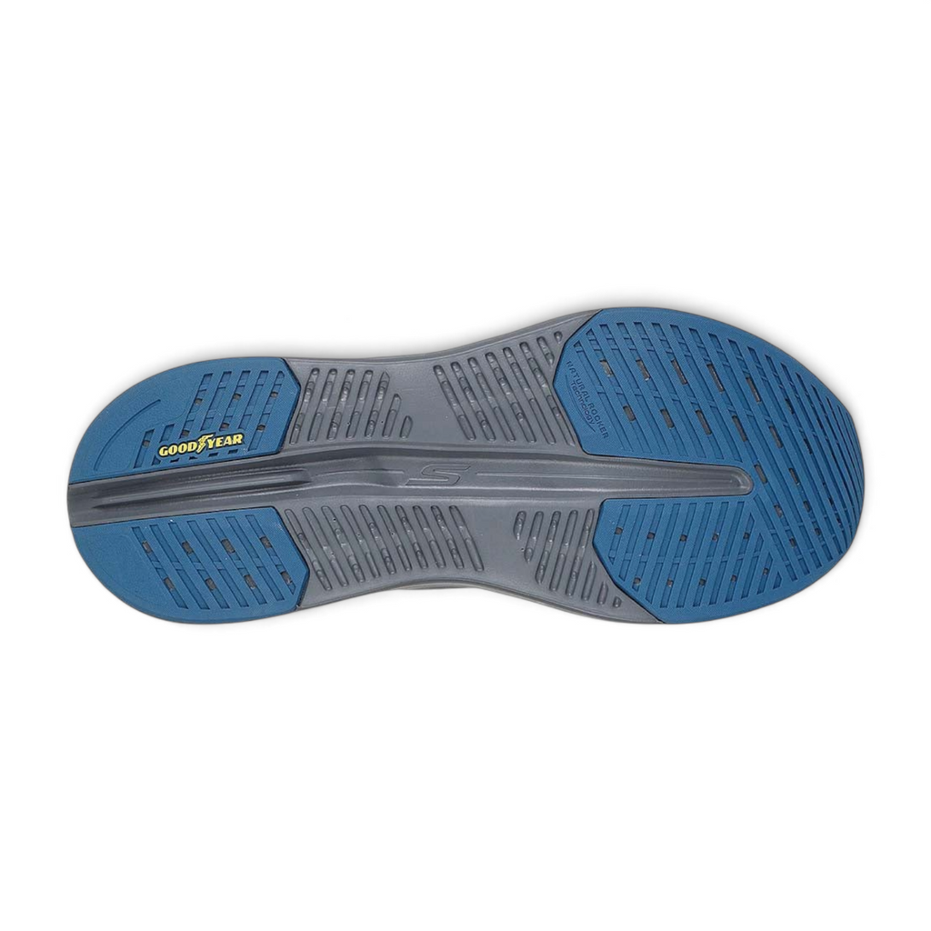 FRG Skechers Max Cushioning Glide-Step shoe outsole in blue and grey with Goodyear performance rubber tread
