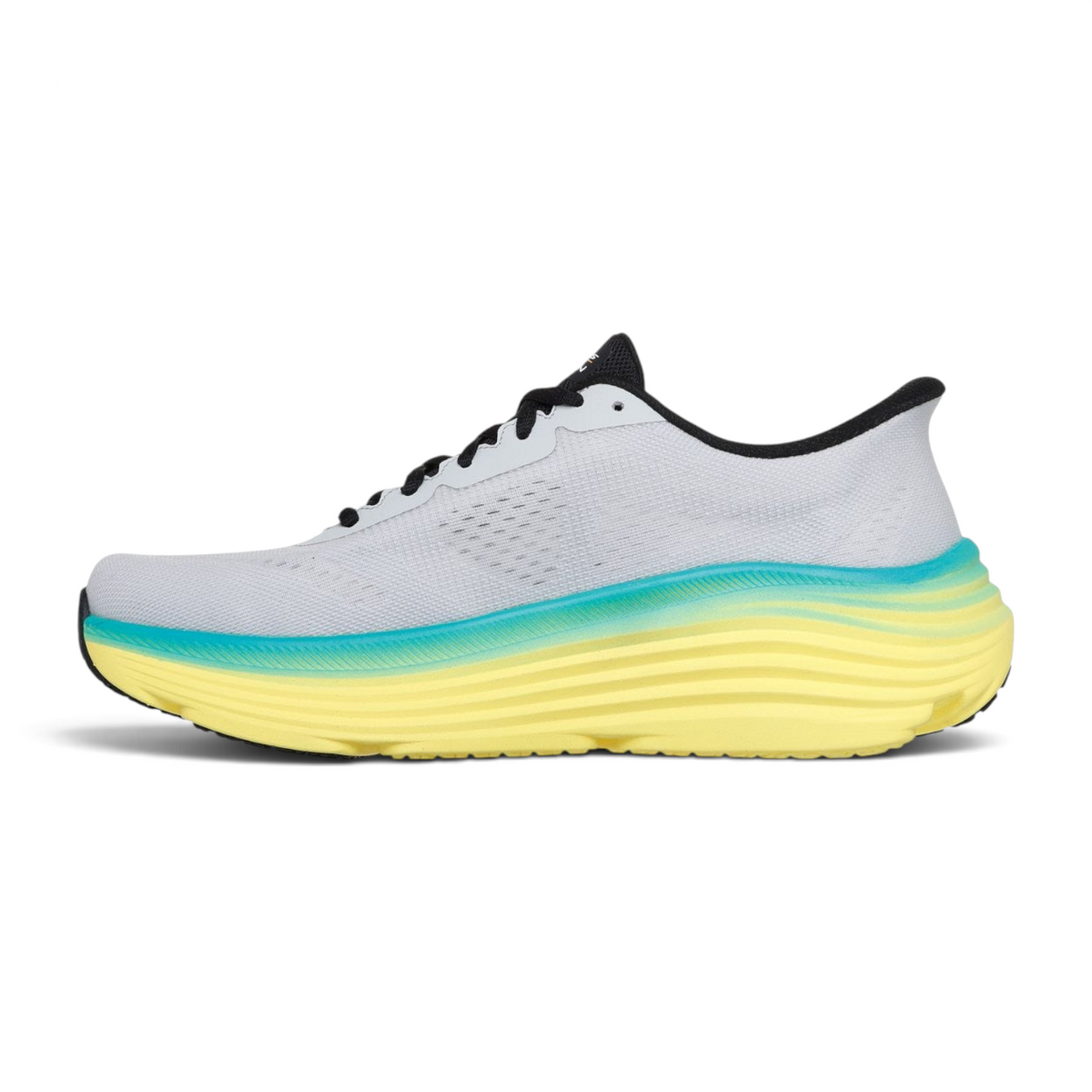 FRG Skechers Max Cushioning Endeavour Exciton running shoe in white monomesh with yellow and teal cushioned sole
