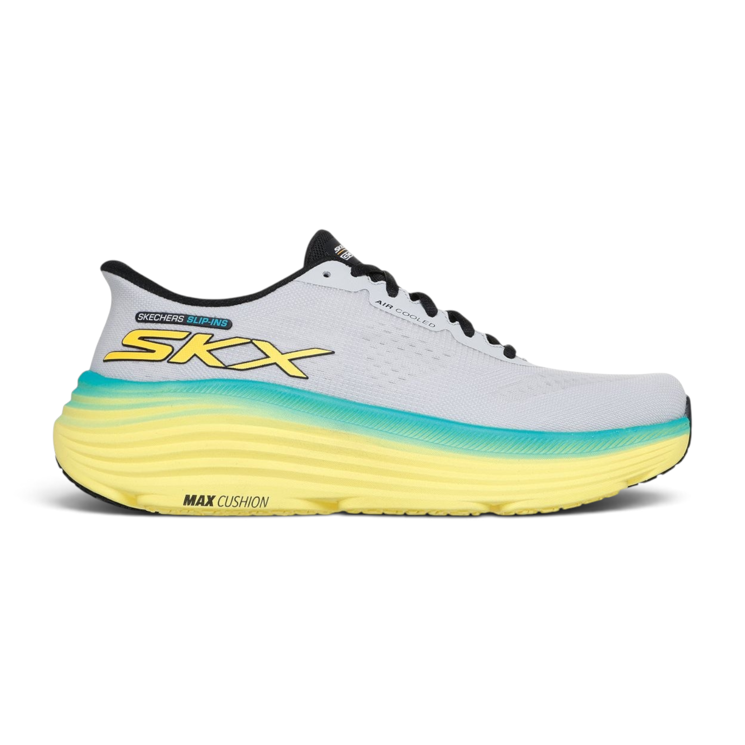FRG Skechers Max Cushioning Endeavour running shoe in white monomesh with yellow and teal cushioned sole