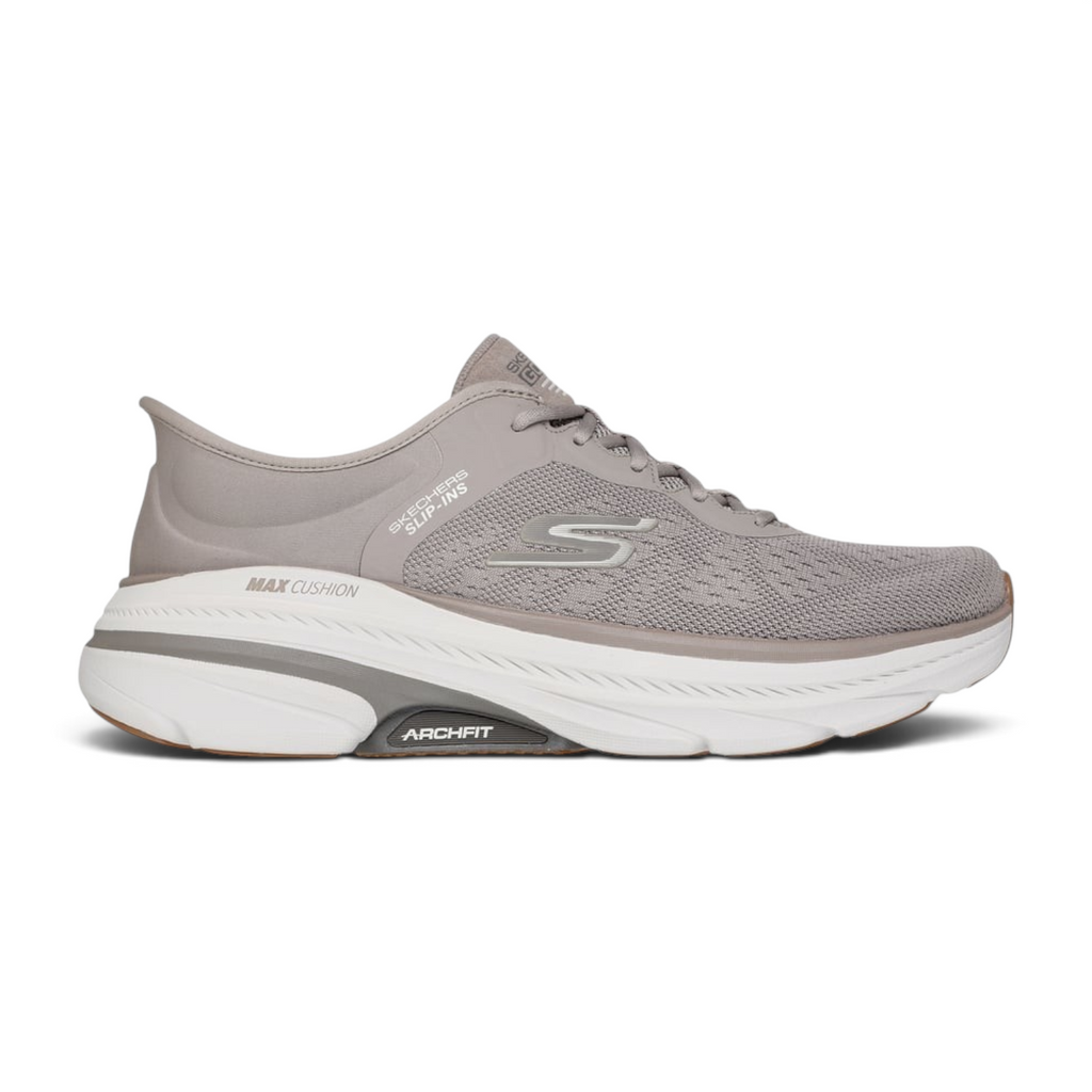 FRG Skechers Max Cushioning Arch Fit 2.0 slip-in running shoe in taupe mesh with white cushioned sole