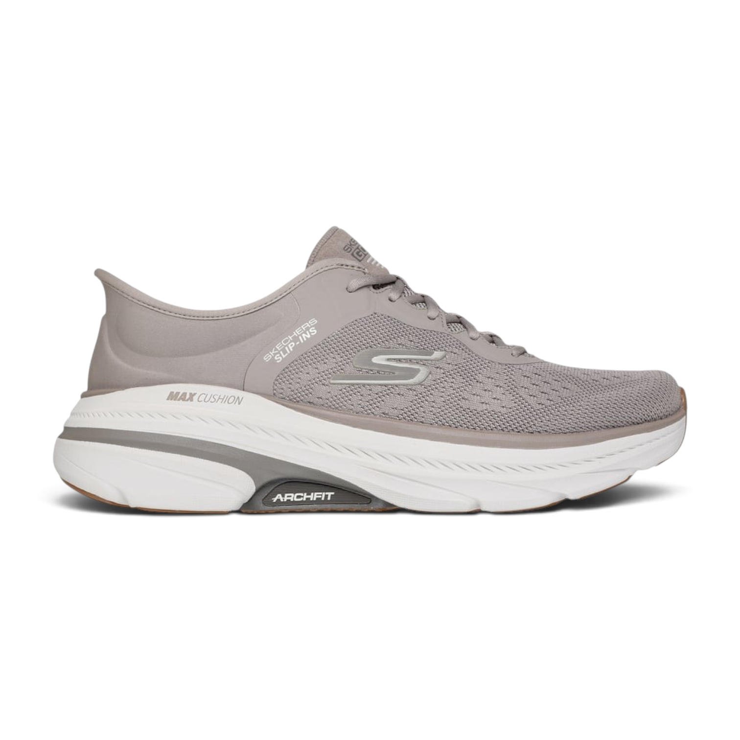 FRG Skechers Max Cushioning Arch Fit 2.0 slip-in running shoe in taupe mesh with white cushioned sole