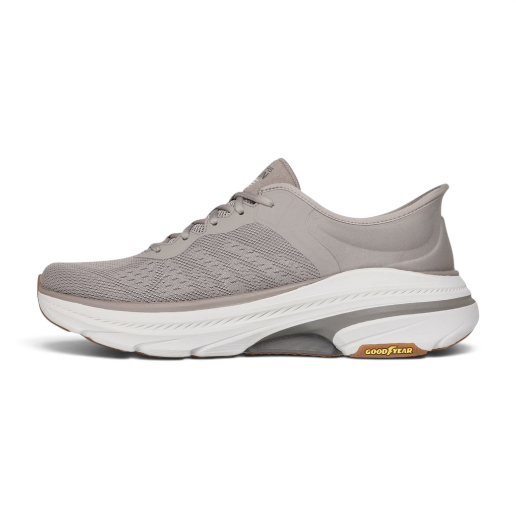 FRG Skechers Max Cushioning Arch Fit 2.0 slip-in running shoe in taupe mesh with white cushioned sole
