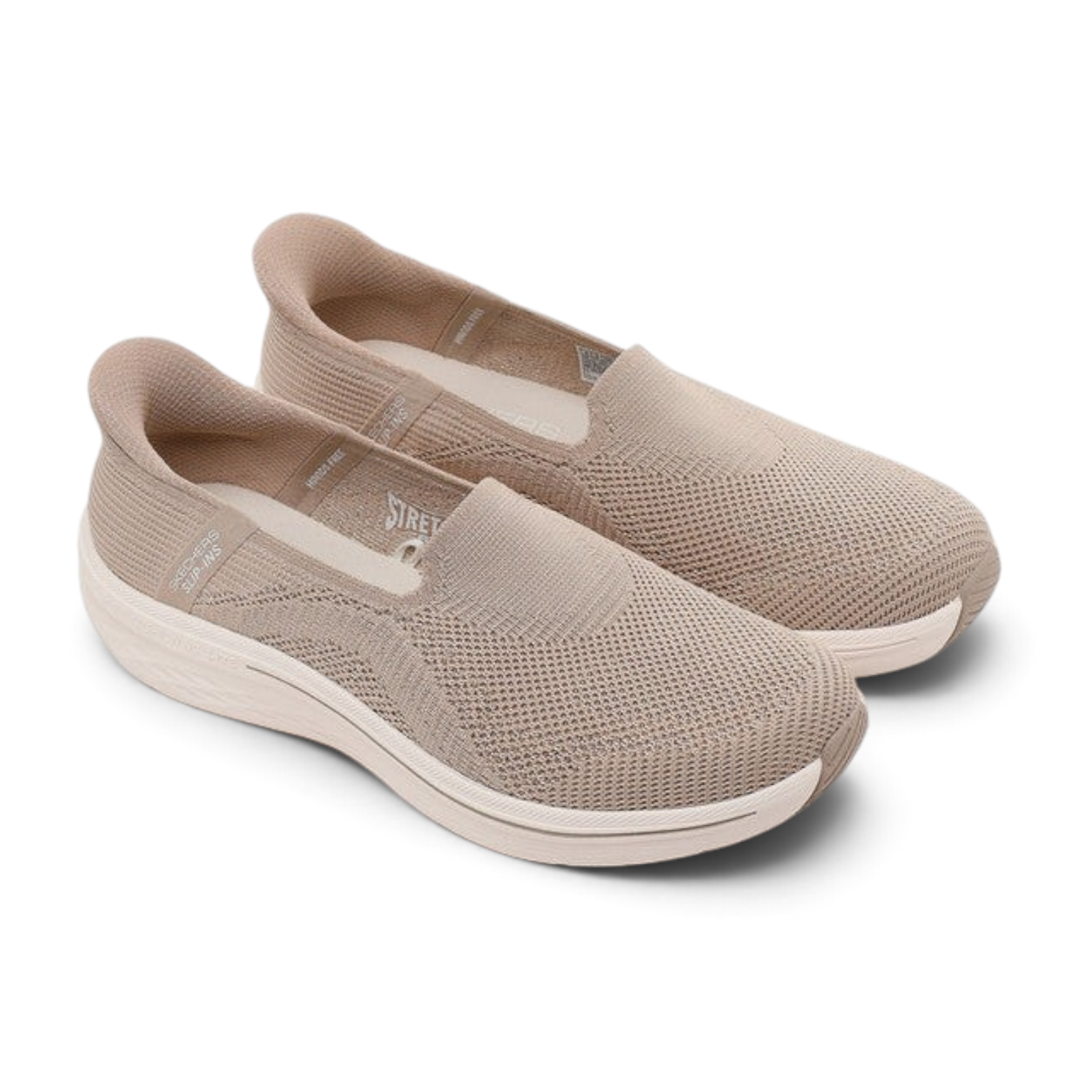 FRG Skechers Max Cushioning Lite Aura Tessa slip-on sneakers in taupe engineered knit with a cushioned midsole.