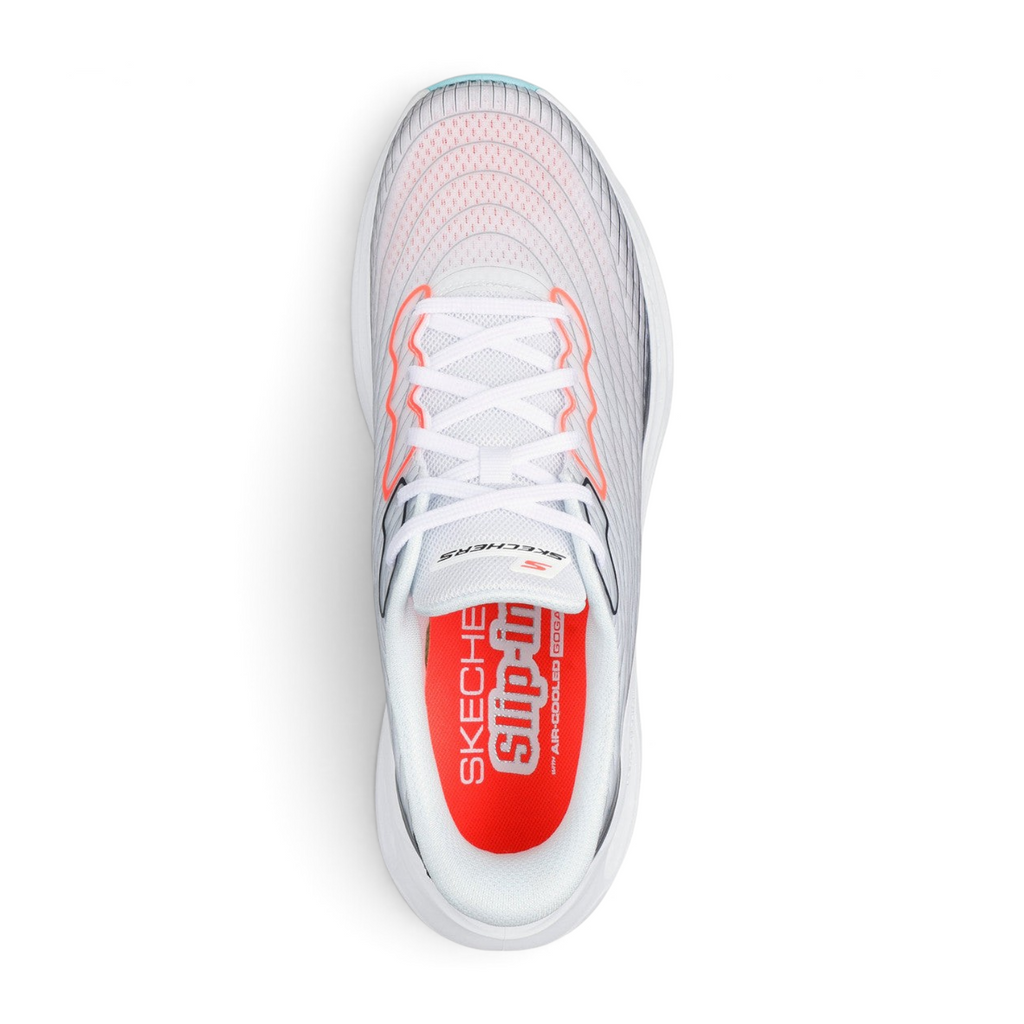 FRG Skechers Max Cushioning Glide-Step white performance shoe with 3D-print upper and orange slip-in interior