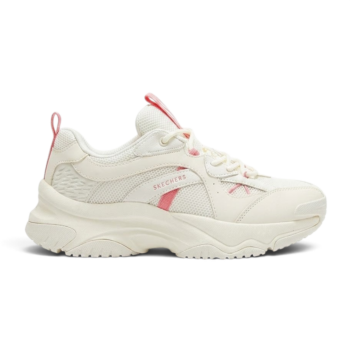 FRG Skechers Moonhiker casual sneaker in white and coral with mesh panels and a cushioned chunky sole