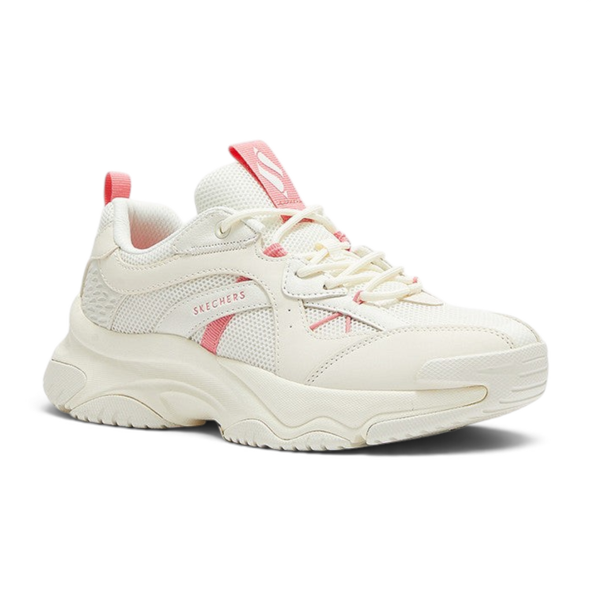 FRG Skechers Moonhiker casual sneaker in white with coral pink accents, featuring a cushioned sole and mesh panels.