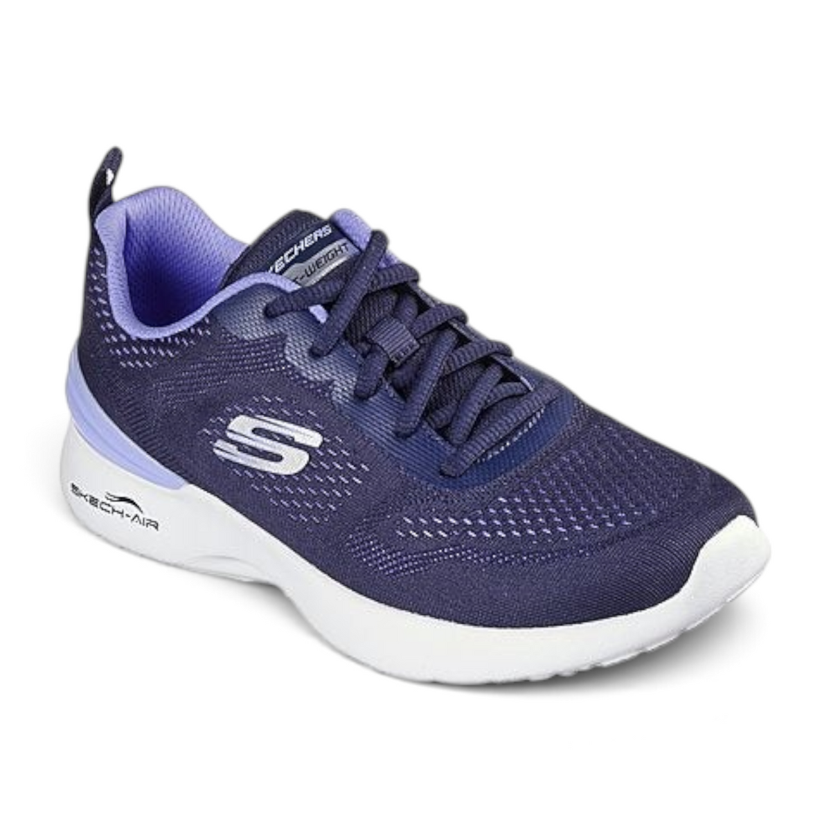 FRG Skechers Skech-Air Dynamight navy athletic shoe with purple lining, mesh upper, and white air-cushioned midsole.