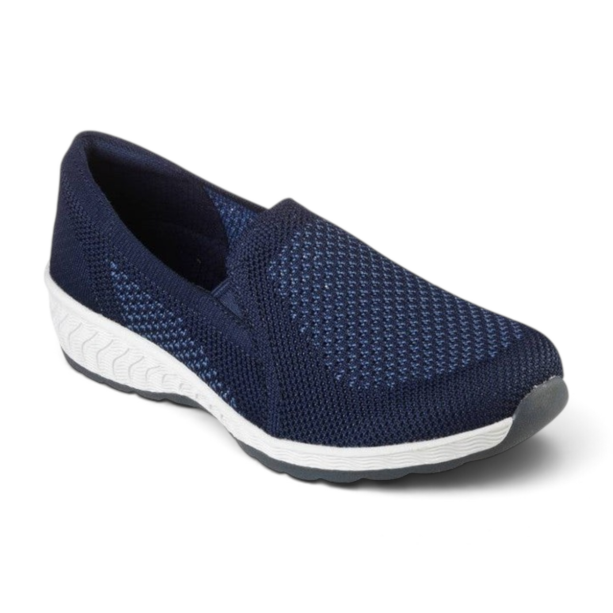 FRG Skechers Up-Lifted New Rules navy blue stretch-fit knit slip-on shoe with a cushioned wedge heel