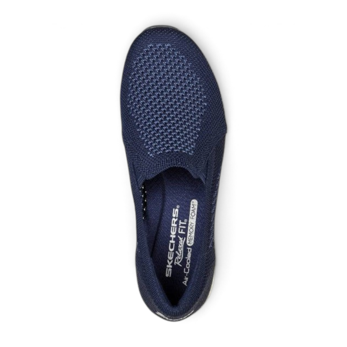 FRG Skechers Up-Lifted navy stretch-fit knit slip-on shoe with memory foam insole, top-down view