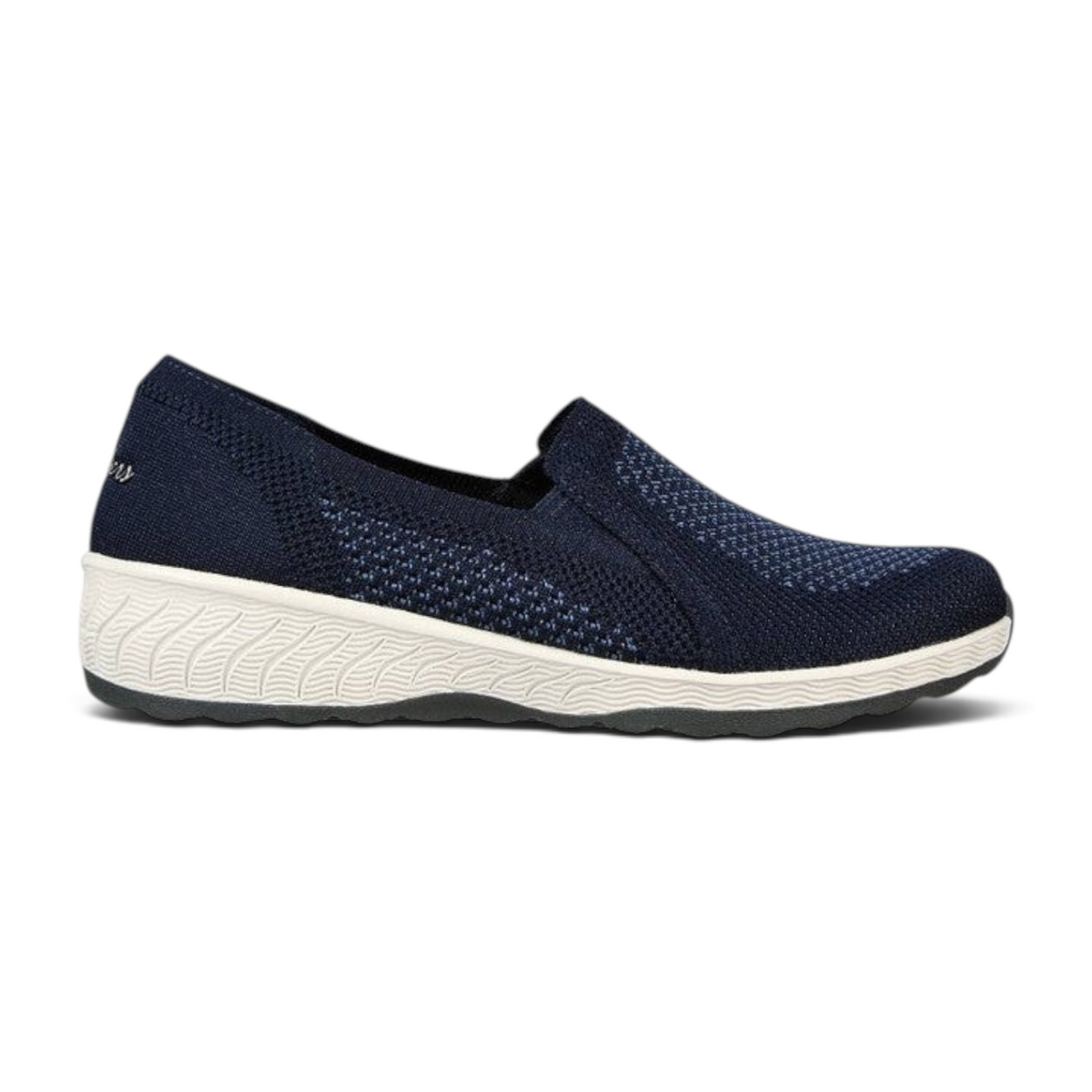 FRG Skechers Up-Lifted navy stretch-fit knit slip-on shoe with a cushioned low wedge heel