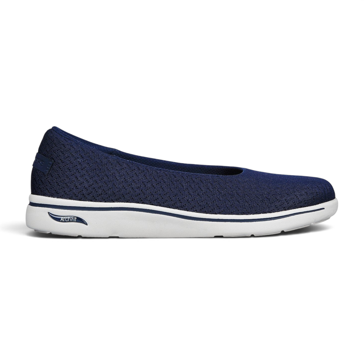 FRG Skechers Arch Fit Uplift navy blue mesh skimmer flat with white cushioned sole and arch support
