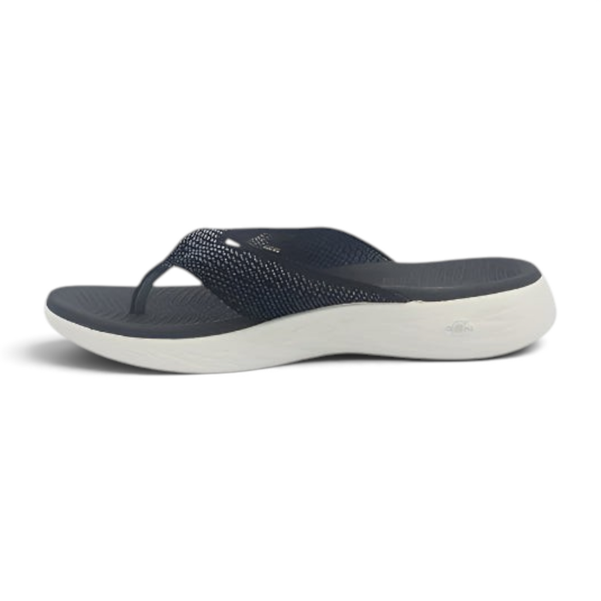 FRG Skechers On-the-GO 600 Flourish navy and white thong sandal with woven mesh upper and cushioned midsole