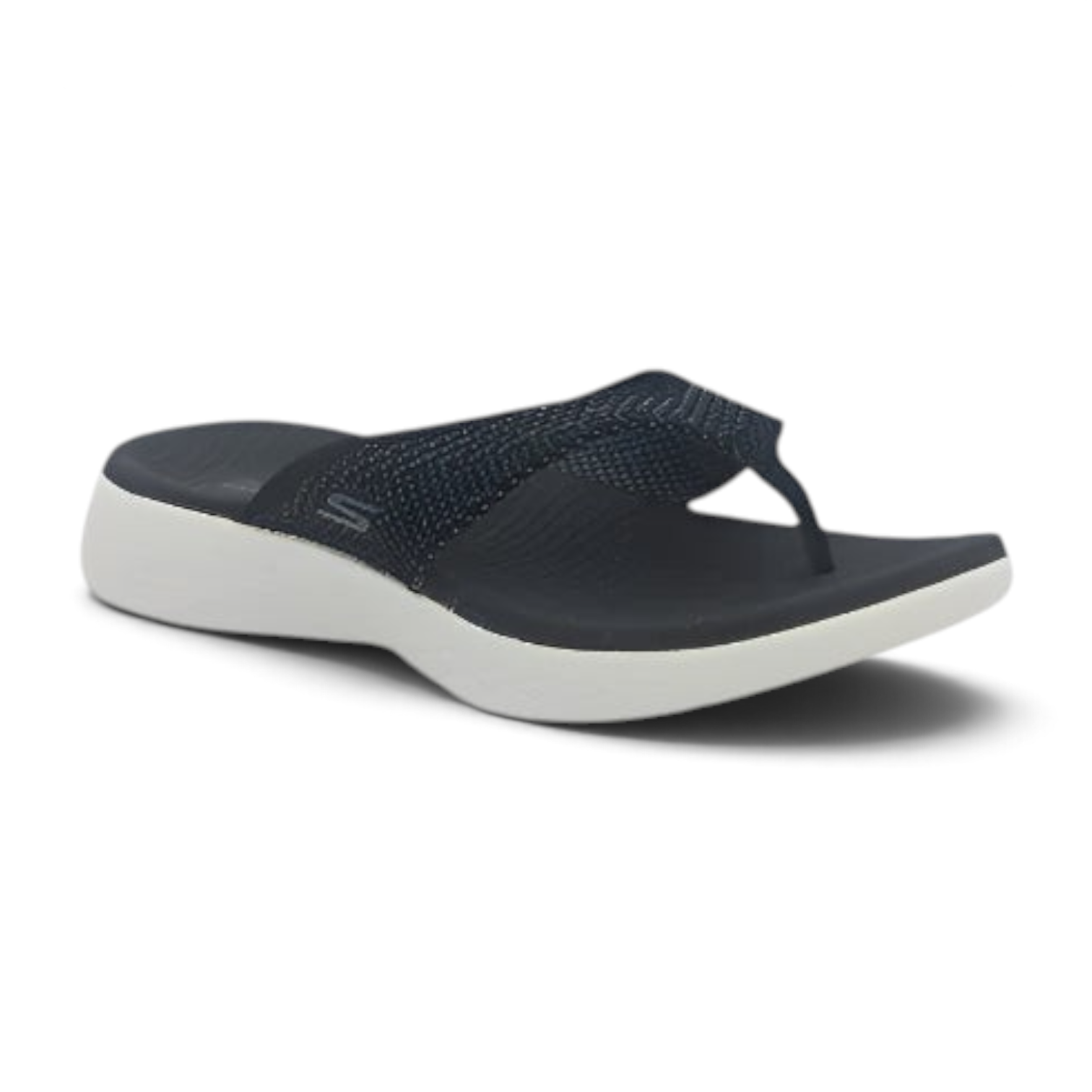 FRG Skechers On-the-GO 600 Flourish navy blue thong sandal with woven mesh upper and white cushioned midsole