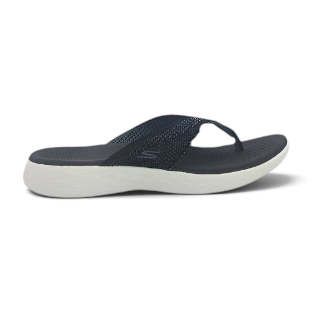 FRG Skechers On-the-GO 600 Flourish thong sandal with a navy woven mesh upper and white cushioned midsole