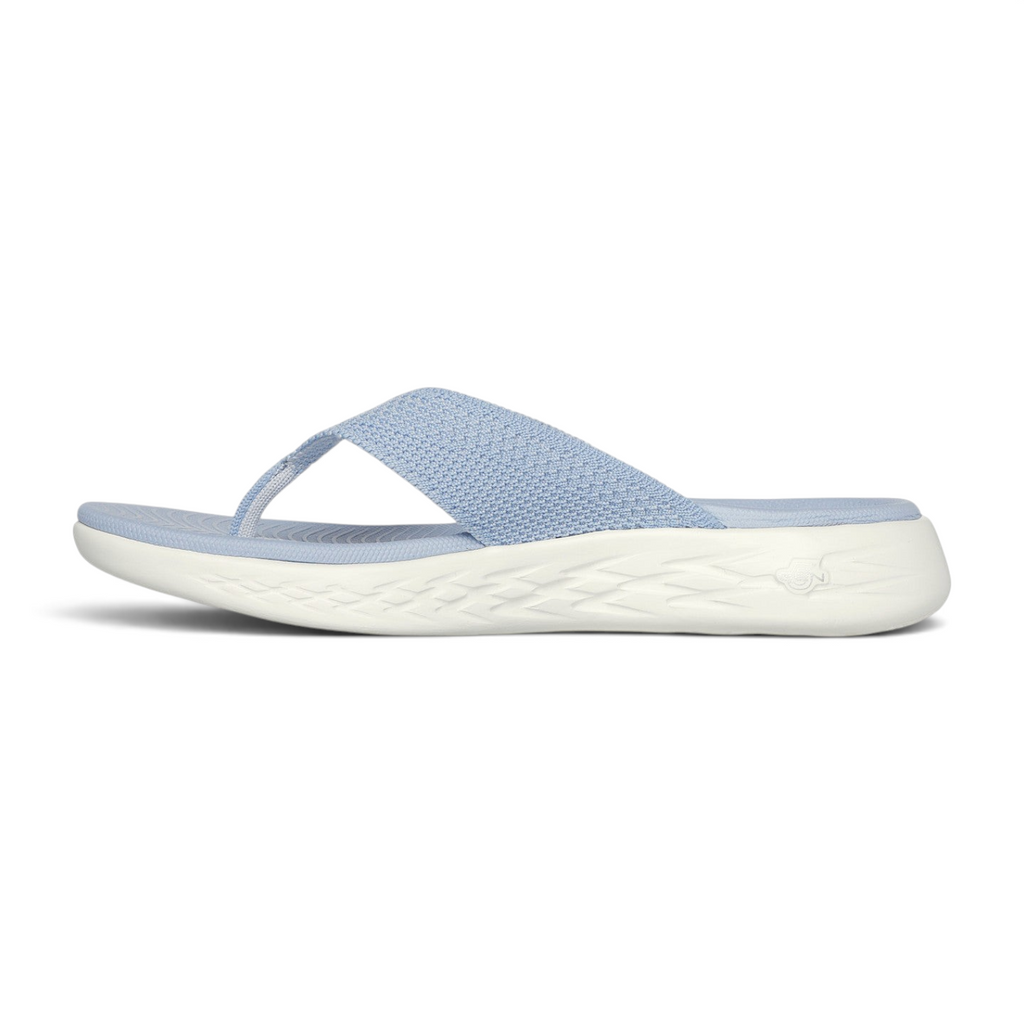 FRG Skechers On-the-GO 600 Flourish periwinkle blue woven thong sandal with white cushioned sole side view